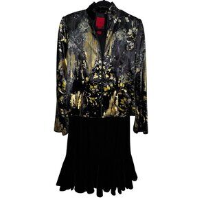 JS Collections Black & Gold Velvet Suit Size 4 Blazer Flare Skirt Classy Glam